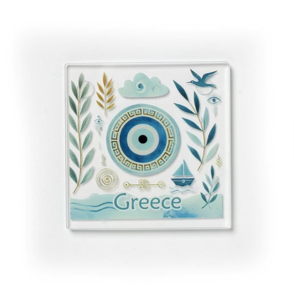 Σουβέρ πλεξιγκλάς με ελληνικό μάτι, φύλλα ελιάς, καράβι και παραδοσιακά σύμβολα, τουριστικό αναμνηστικό από την Ελλάδα