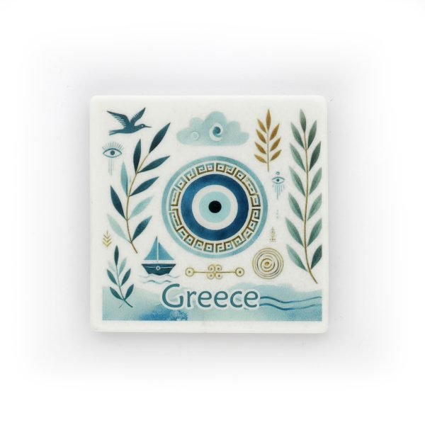 Μαρμάρινο σουβέρ με ελληνικό μάτι, φύλλα ελιάς, καράβι και παραδοσιακά σύμβολα, τουριστικό αναμνηστικό από την Ελλάδα