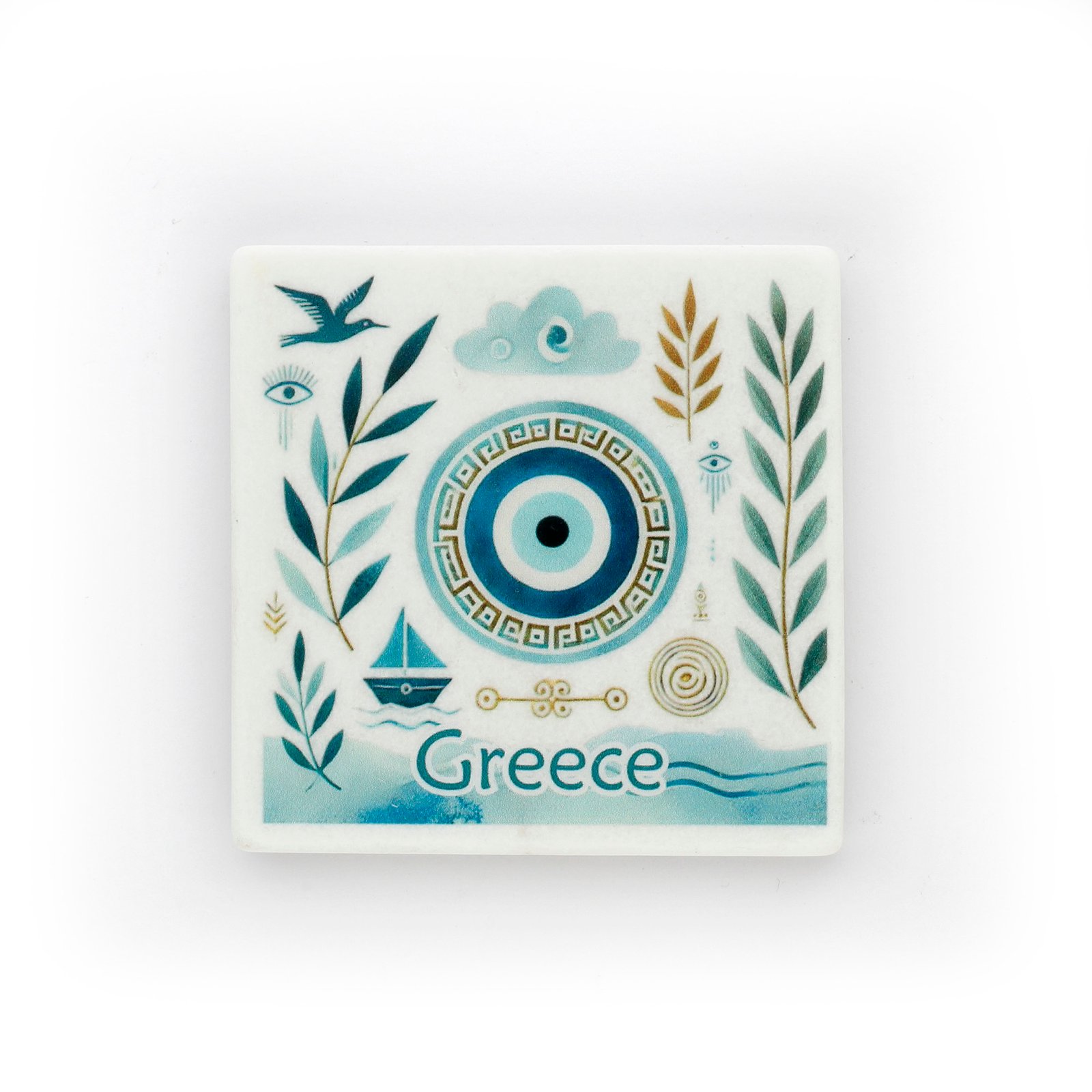 Μαρμάρινο σουβέρ με ελληνικό μάτι, φύλλα ελιάς, καράβι και παραδοσιακά σύμβολα, τουριστικό αναμνηστικό από την Ελλάδα