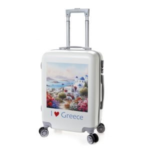 Βαλίτσα καμπίνας με εκτύπωση κυκλαδίτικου τοπίου και το μήνυμα "I Love Greece", ιδανική για τουριστικά καταστήματα.